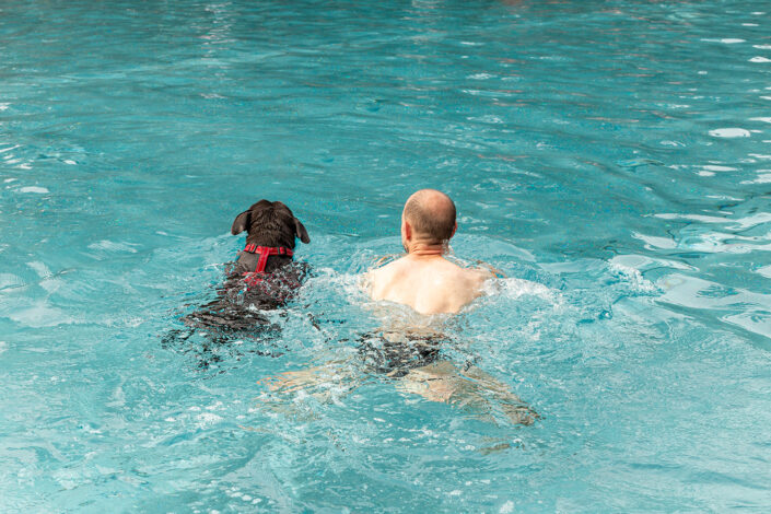 Hund und Besitzer schwimmen im Freibad