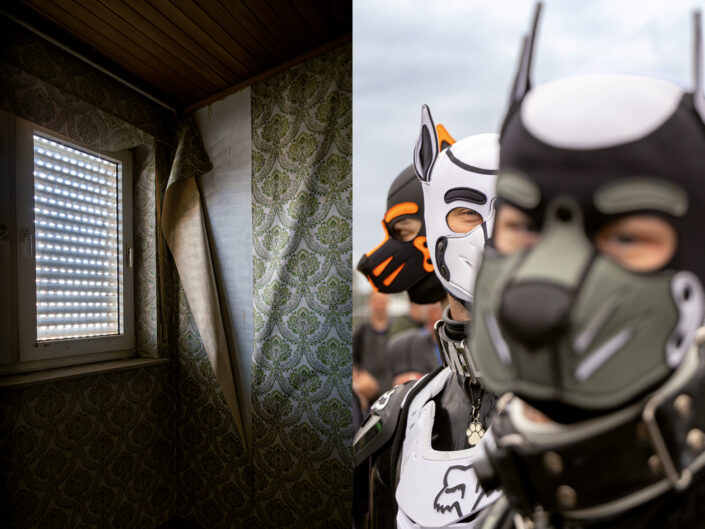 Lost Place mit abgerissener Tapete und Puppymasken beim Christopher Street Day