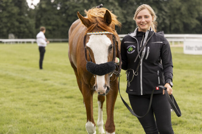 Ein Pferd, dass über das Geläuf geführt wird, bei der Veranstaltung "Coolmore City of Troy German 2000 Guineas" am 18.05.2025